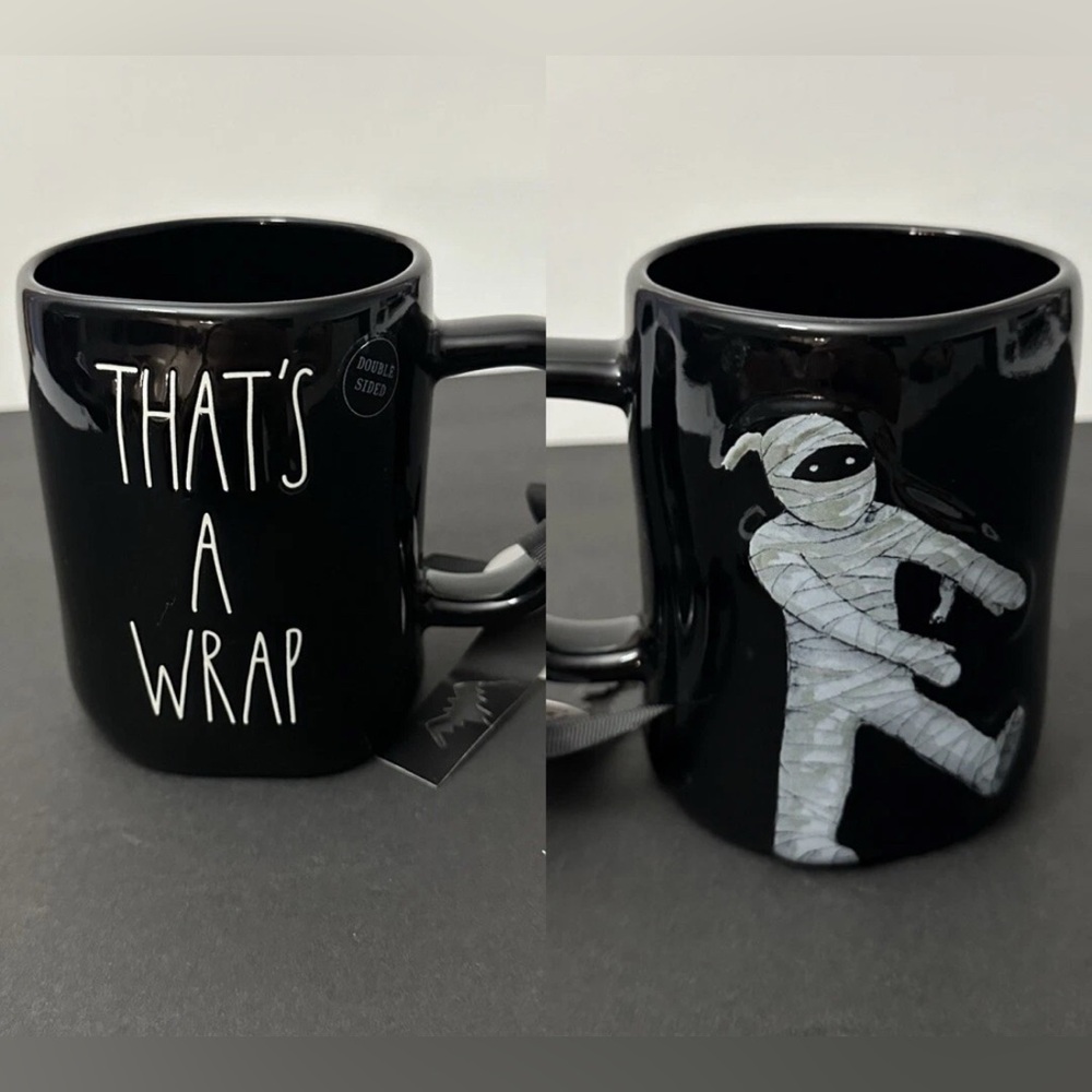 RAE DUNN Black HALLOWEEN Mummy  "That’s A Wrap" Double-Sided Mug Coffee Cup NEW